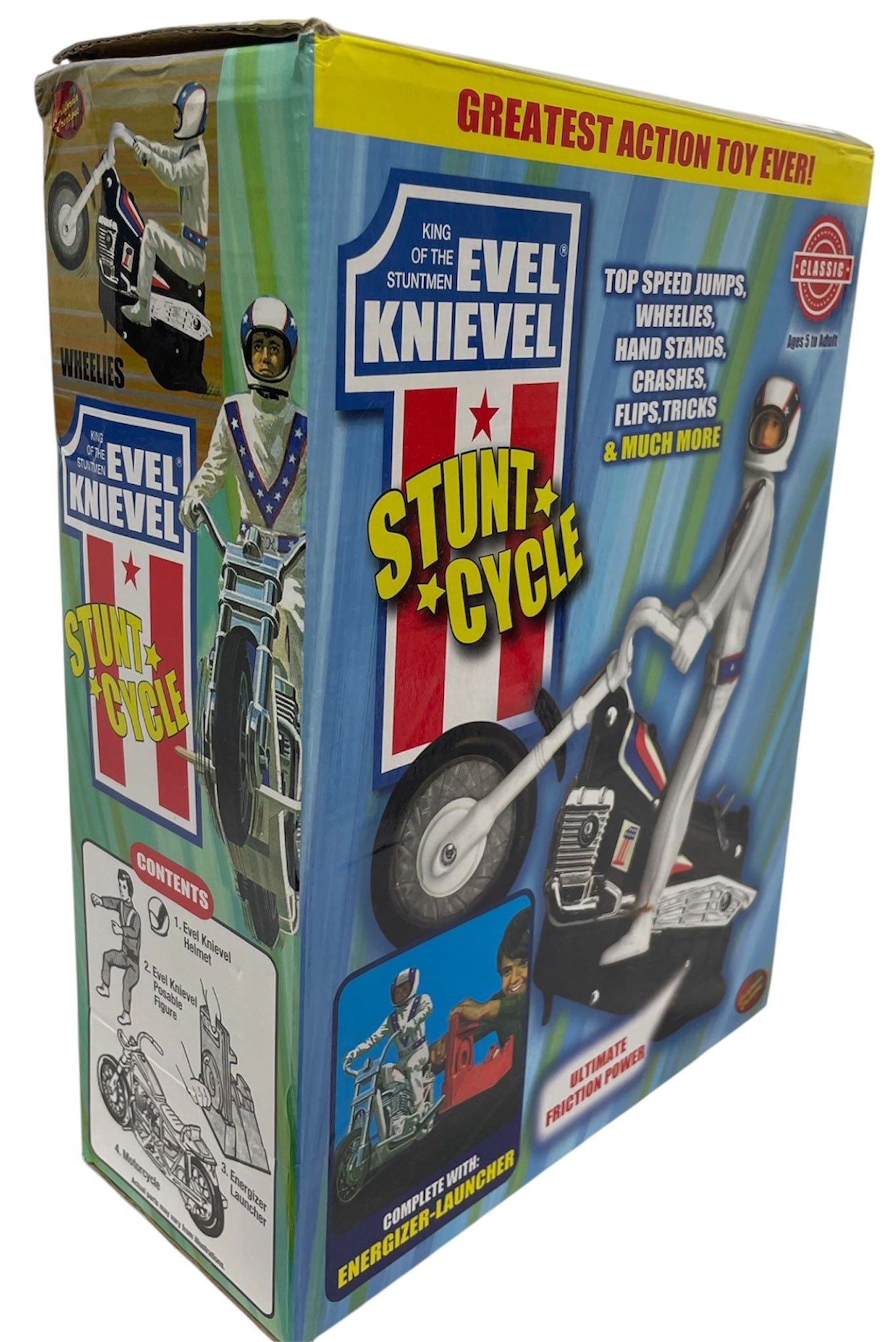 Classic Retro Reissue Evel Knievel King Of The Stuntmen Stunt Cycle Bike Complete With Evel Knievel Figure And Gyro Energizer - New In Box - Unsold Shop Stock