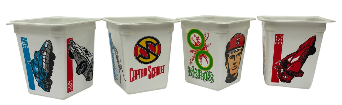 Vintage 1993 Gerry Andersons Captain Scarlet And The Mysterons Set Of 4 Empty Yoghurt Pots