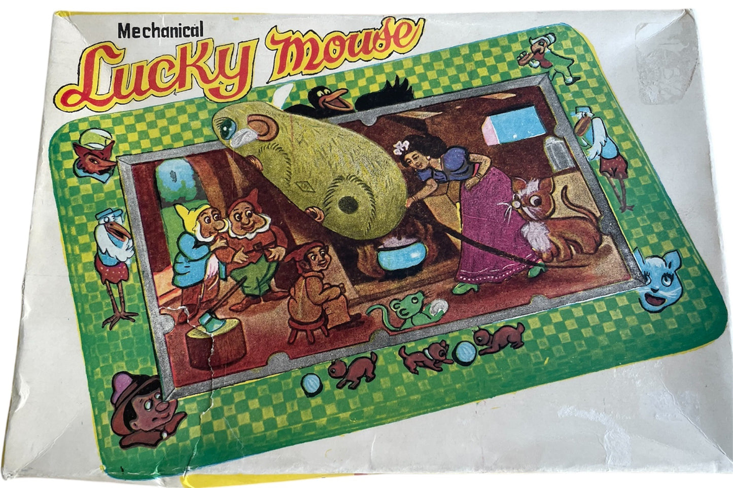 Vintage 1950's Mechanical Tin Toy - Lucky Mouse With Snow White And The Seven Dwarfs Background - Complete And Fully Working In The Original Box