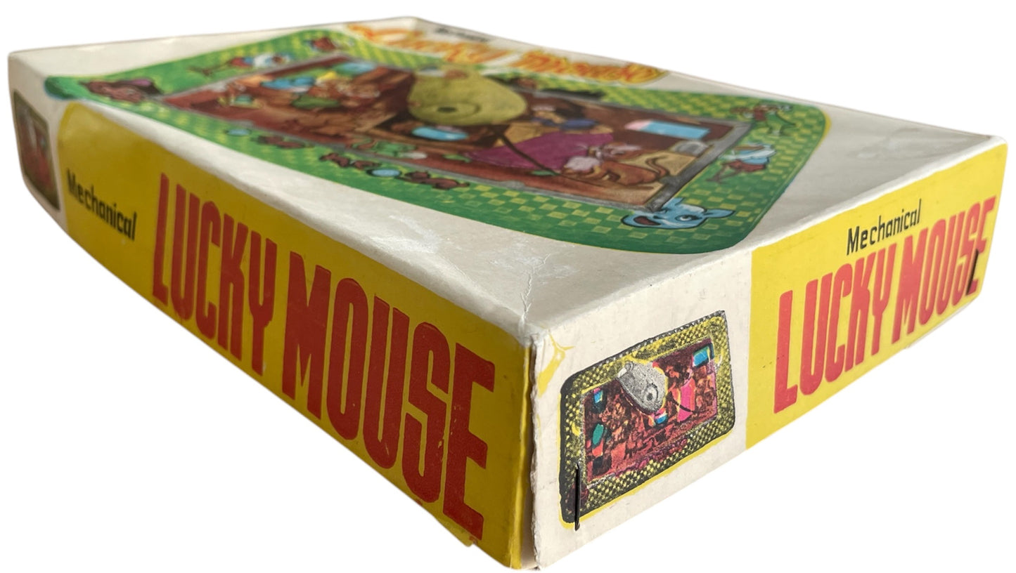 Vintage 1950's Mechanical Tin Toy - Lucky Mouse With Snow White And The Seven Dwarfs Background - Complete And Fully Working In The Original Box