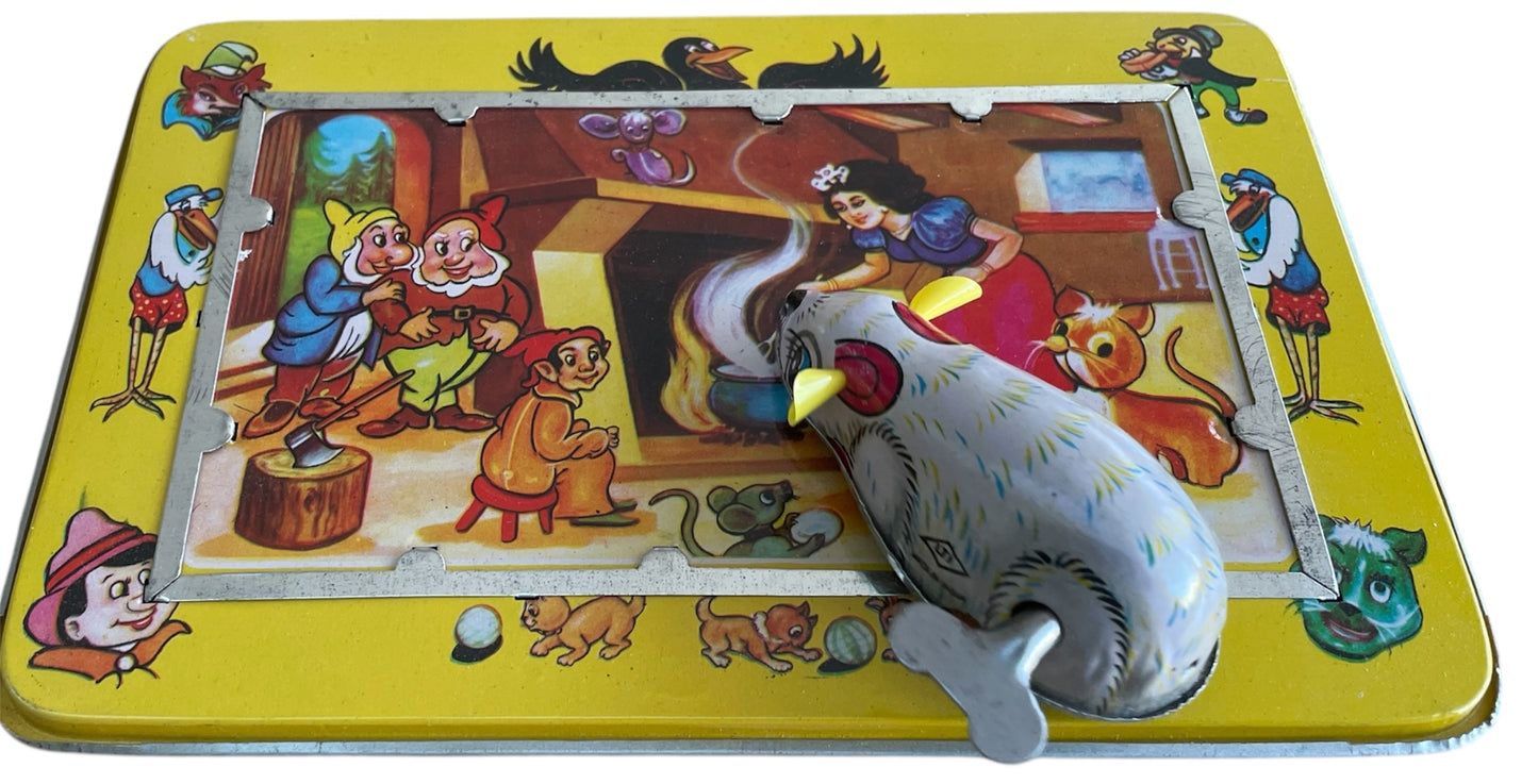 Vintage 1950's Mechanical Tin Toy - Lucky Mouse With Snow White And The Seven Dwarfs Background - Complete And Fully Working In The Original Box
