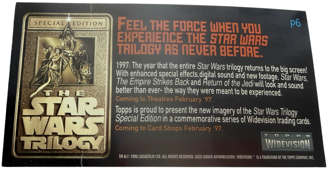 Vintage 1997 Topps Star Wars Trilogy Special Edition Widescreen Promo Card - Millennium Falcon P6 - Ex Shop Stock