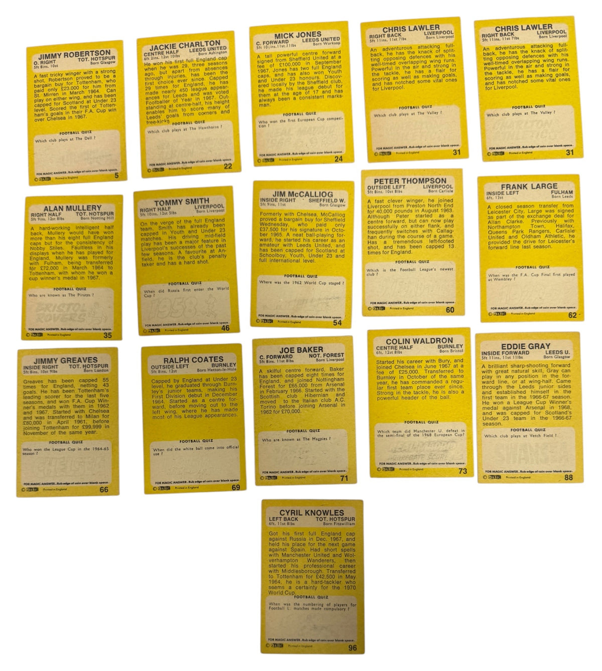 Vintage 1968/69 A&BC Footballers Yellow Backs - Lot of 16 Cards Inc Jimmy Greaves - Very Good Condition