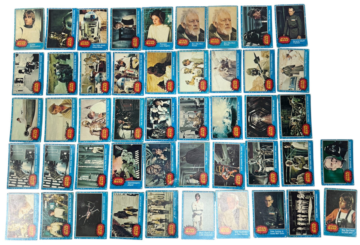 Vintage 1977 Topps Star Wars Series 1 Blue Border Near-Complete Starter Lot 45 Cards inc #1 Luke Skywalker - Very Good Condition