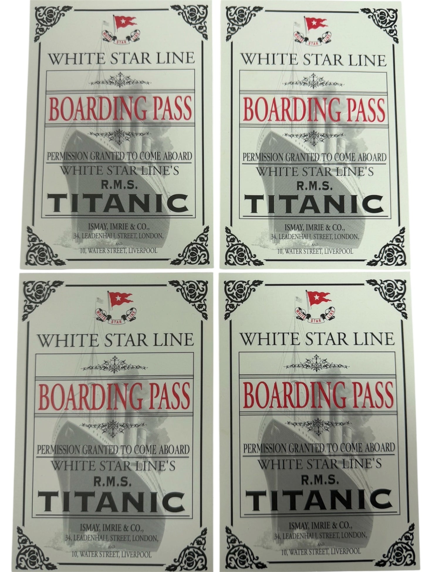 Vintage 2009 RMS Titanic Inc - R.M.S Titanic Ocean Liner - White Star Line Replica Boarding Pass Set Of 4 - Brand New Ex Shop Stock