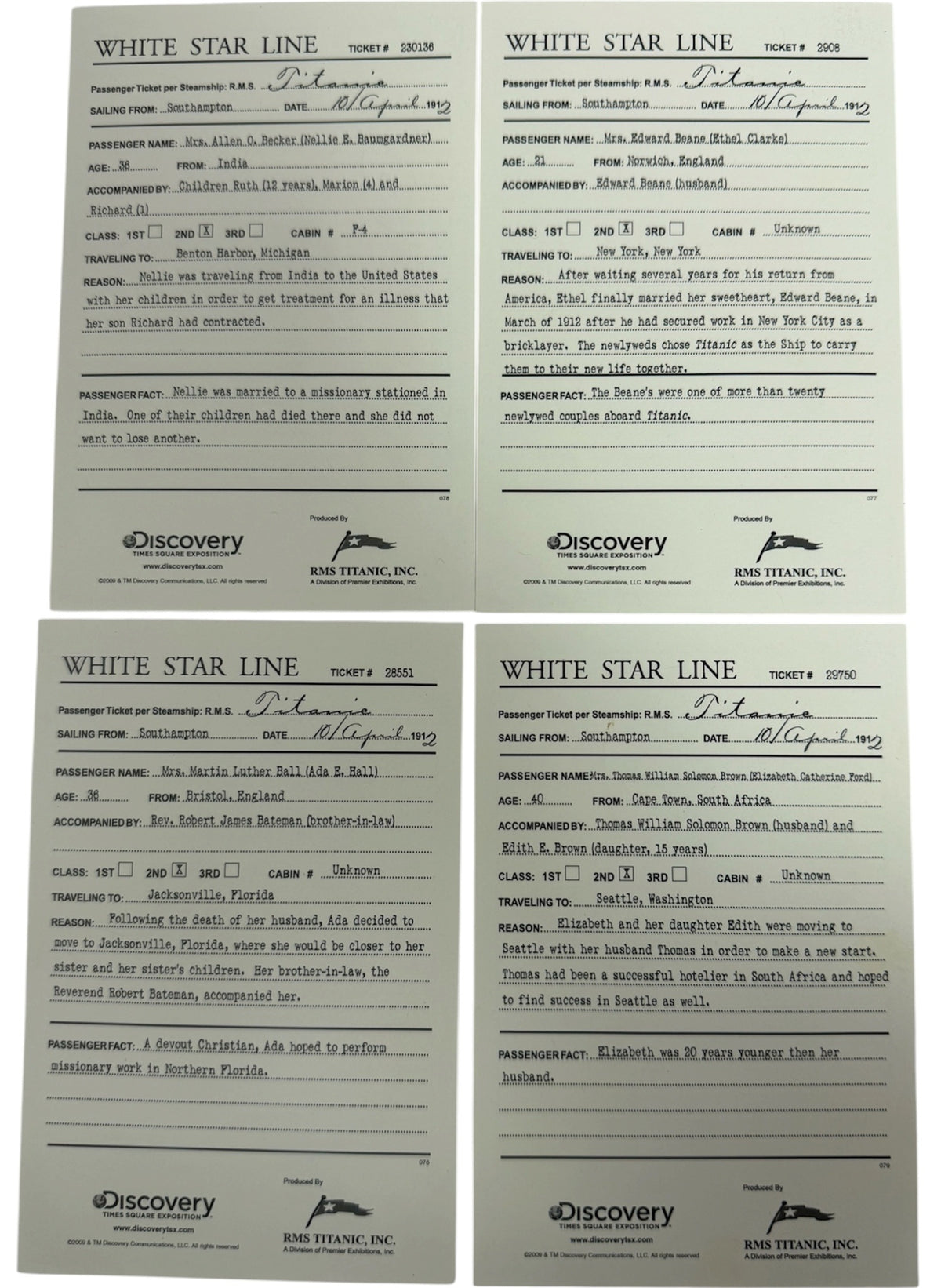 Vintage 2009 RMS Titanic Inc - R.M.S Titanic Ocean Liner - White Star Line Replica Boarding Pass Set Of 4 - Brand New Ex Shop Stock