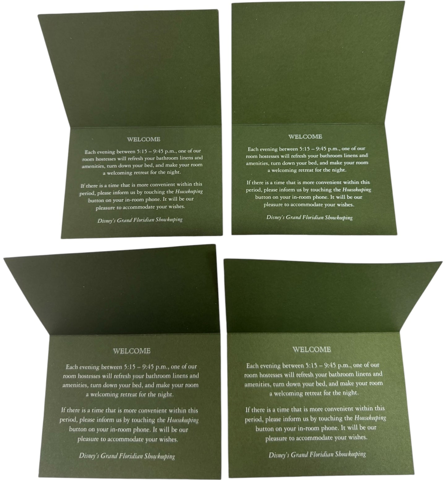 Vintage 2001 Walt Disney Worlds The Grand Floridian Hotel Housekeeping Turn Down Service Cards - Set Of 4 - Mint Condition