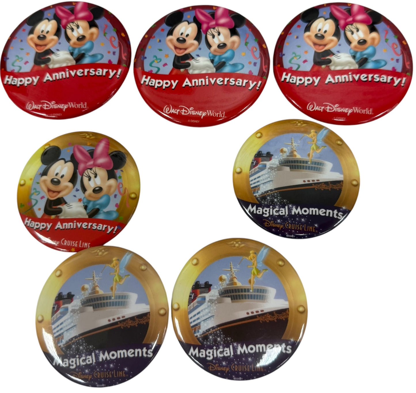Vintage Walt Disney World &amp; Cruise Line Set Of 7 Discontinued Button Pin Badges - Happy Anniversary &amp; Magical Moments - Mint Unused Condition