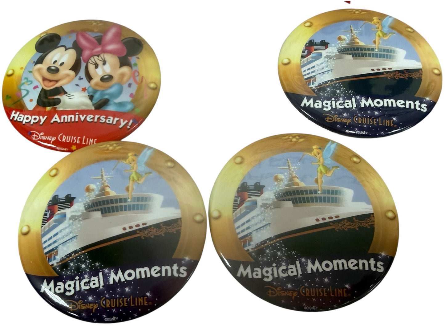 Vintage Walt Disney World &amp; Cruise Line Set Of 7 Discontinued Button Pin Badges - Happy Anniversary &amp; Magical Moments - Mint Unused Condition