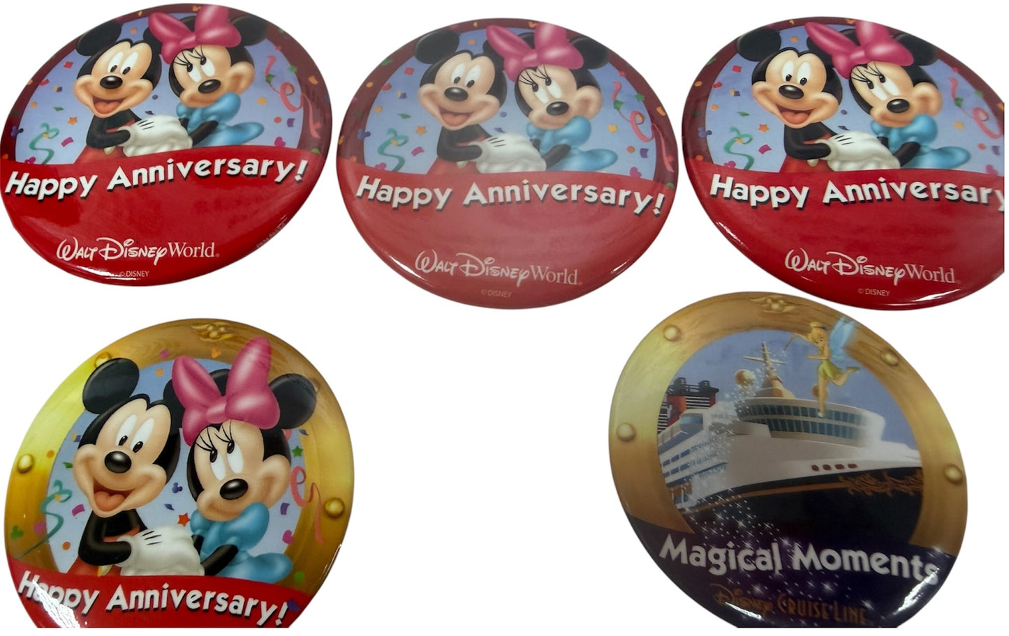 Vintage Walt Disney World &amp; Cruise Line Set Of 7 Discontinued Button Pin Badges - Happy Anniversary &amp; Magical Moments - Mint Unused Condition