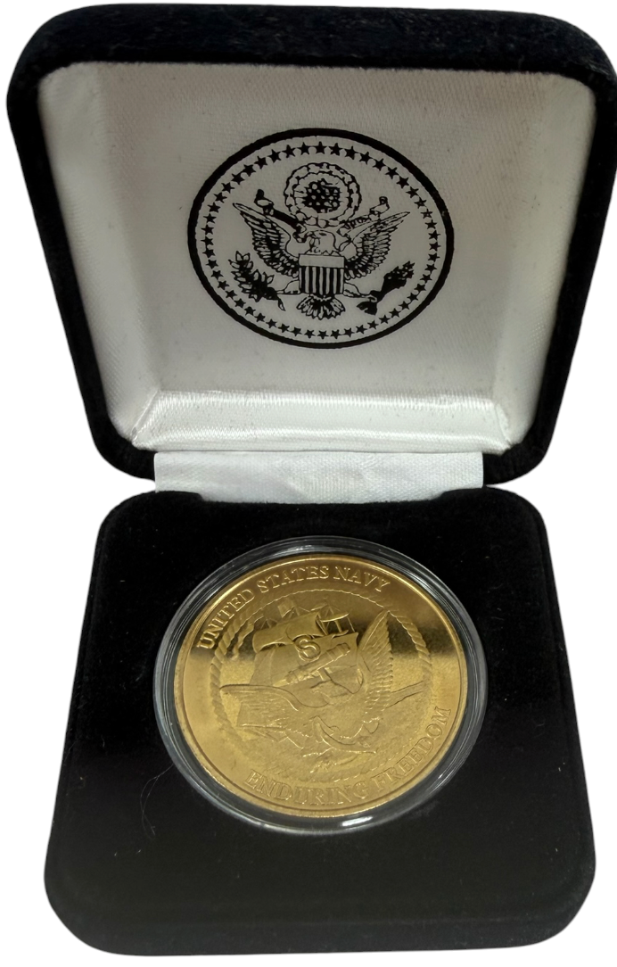 US Navy Challenge Coin "Enduring Freedom" Gold Plated Presentation Box Medallion - Mint Condition