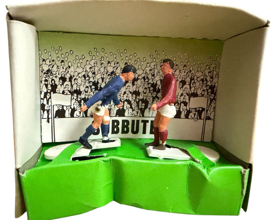 Vintage 1970's Subbuteo Table Soccer Football Game Set Of Two Corner Kickers Figures Red And Blue Miniature .00 Scale Fantastic Condition In The Original Box