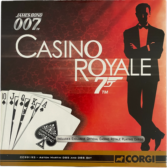 Vintage Corgi 2005 James Bond 007 Casino Royale 1/36 Scale Die-cast Model Vehicles - Aston Martin DB5 And DBS Plus A Set Of Playing Cards - Limited Edition Film Cannister Set No. CC99193 - Brand New Factory Sealed Shop Stock Room Find