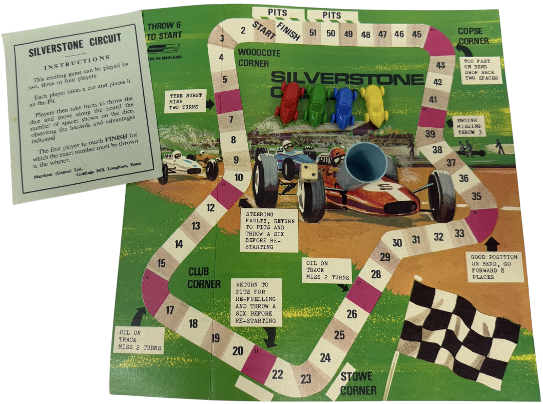 Vintage 1960 Rare Marchant Games Silverstone Circuit Race Board Game - Fantastic Condition 100% Complete & Boxed