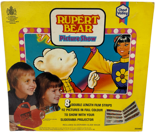 Vintage 1975 Chad Valley Sliderama Rupert The Bear Picture Show Projector Slides Set Of 8 With 16 Short Stories - Fantastic Condition In The Original Pack