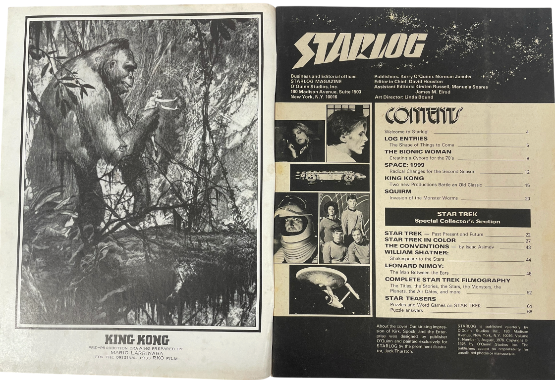 Vintage August 1976 Premiere Issue Starlog Magazine Number 1 - Star Trek Collectors Section + Bionic Women, Space 1999 And More - Ex Shop Stock