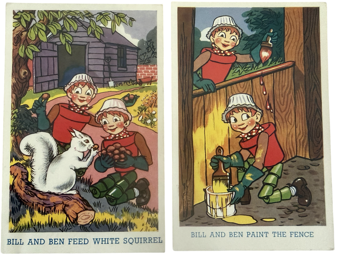 Vintage 1950's - Bill And Ben The Flowerpot Men Set Of 2 Post Cards - Very Good Condition