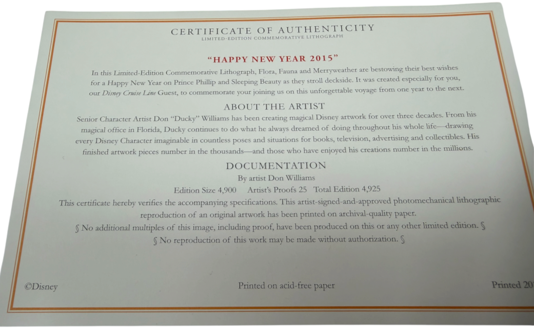 Disney Cruise Line 2015 New Year Lithograph Don Ducky Williams - Mint Condition COMPLETE With COA And In The Original Envelope