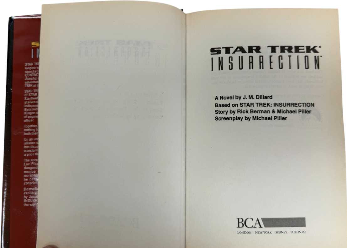 Vintage 1998 Star Trek Insurrection Hardcover Novel J.M. Dillard BCA UK Edition Hardback Book - Ex Shop Stock