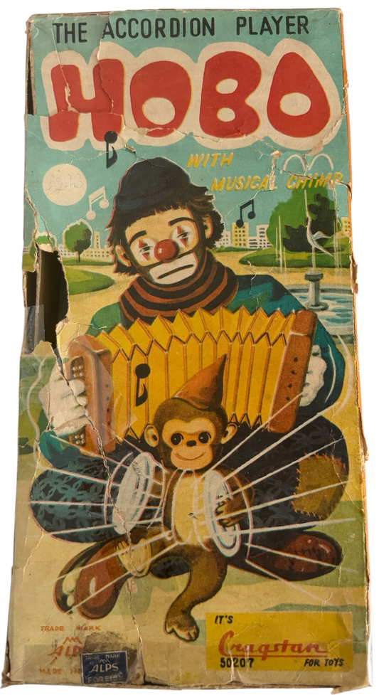 Vintage 1950's Alps - The Accordion Player Hobo With Musical Chimp Battery Operated Tin Toy - Working In The original Box