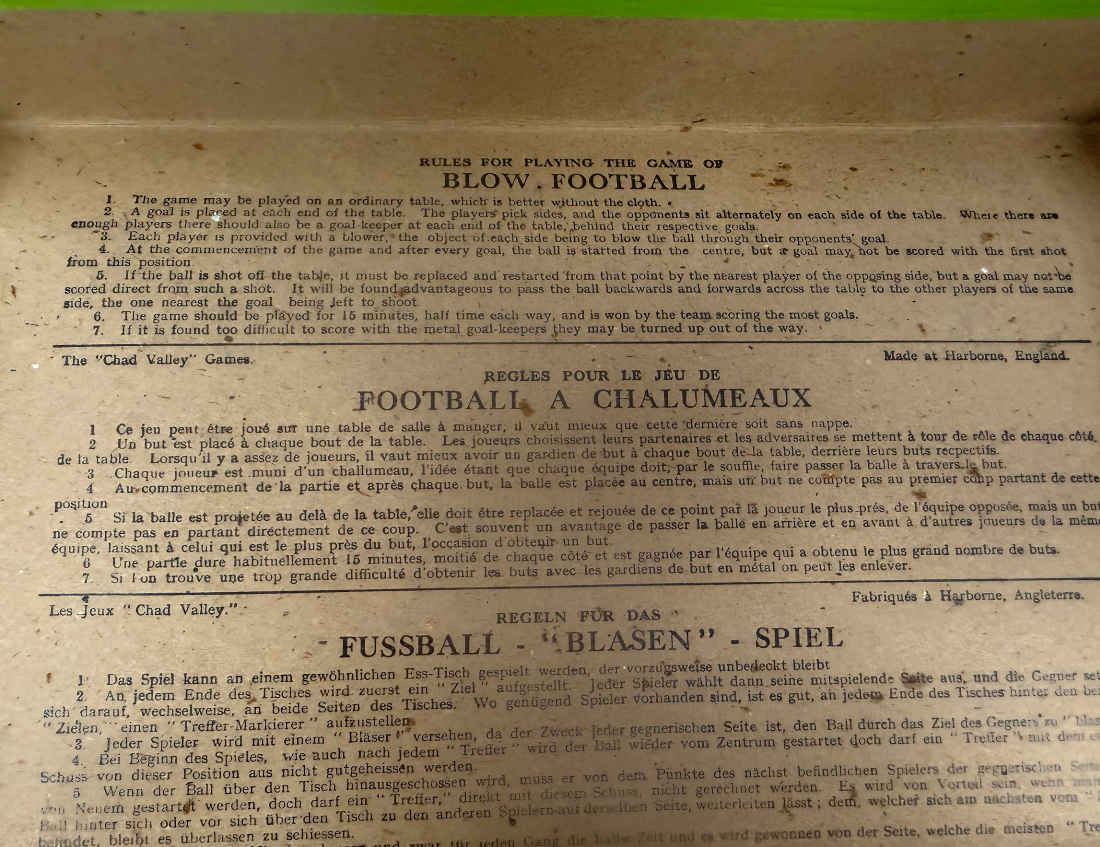 Vintage 1930's Chad Valley - Blow Football - Table Soccer Game - Complete In The Original Box With Extras