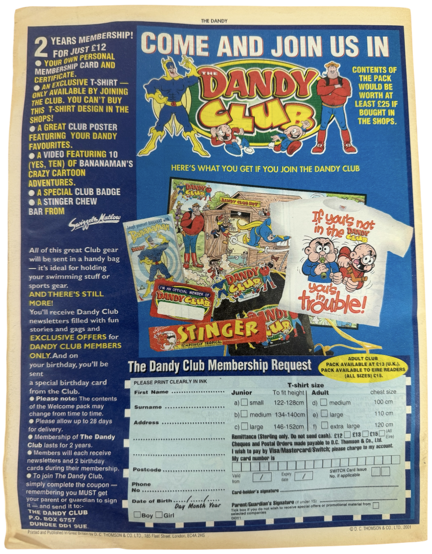 Vintage 2001 The Dandy Weekly Boys And Girls Comic Issue No.3133 December 8th 2001 By D C Thompson & Co (6.0 Grade)