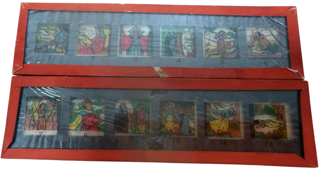 Vintage 1930's Wald Disney's Snow White And The Seven Dwarfs Chapter 1 - 12 Coloured Lantern Slide Pictures - In The Original Box