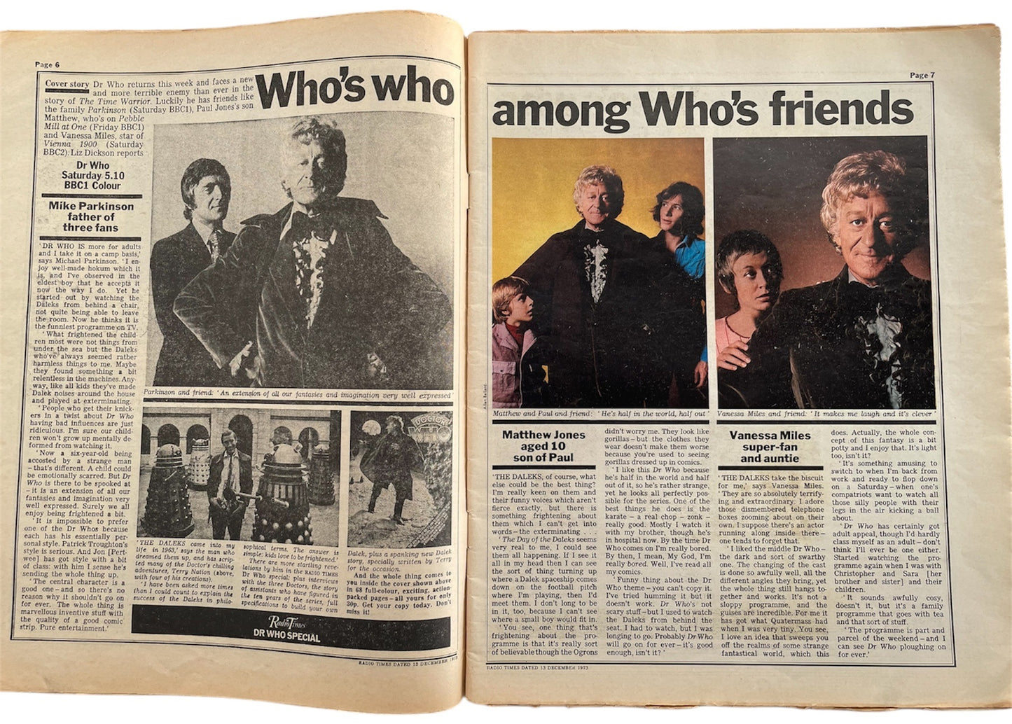 Vintage Radio Times Magazine 15th - 21st December 1973 - Who's Your Friend? - Dr Who Front Cover - Ultra Rare - Good Condition