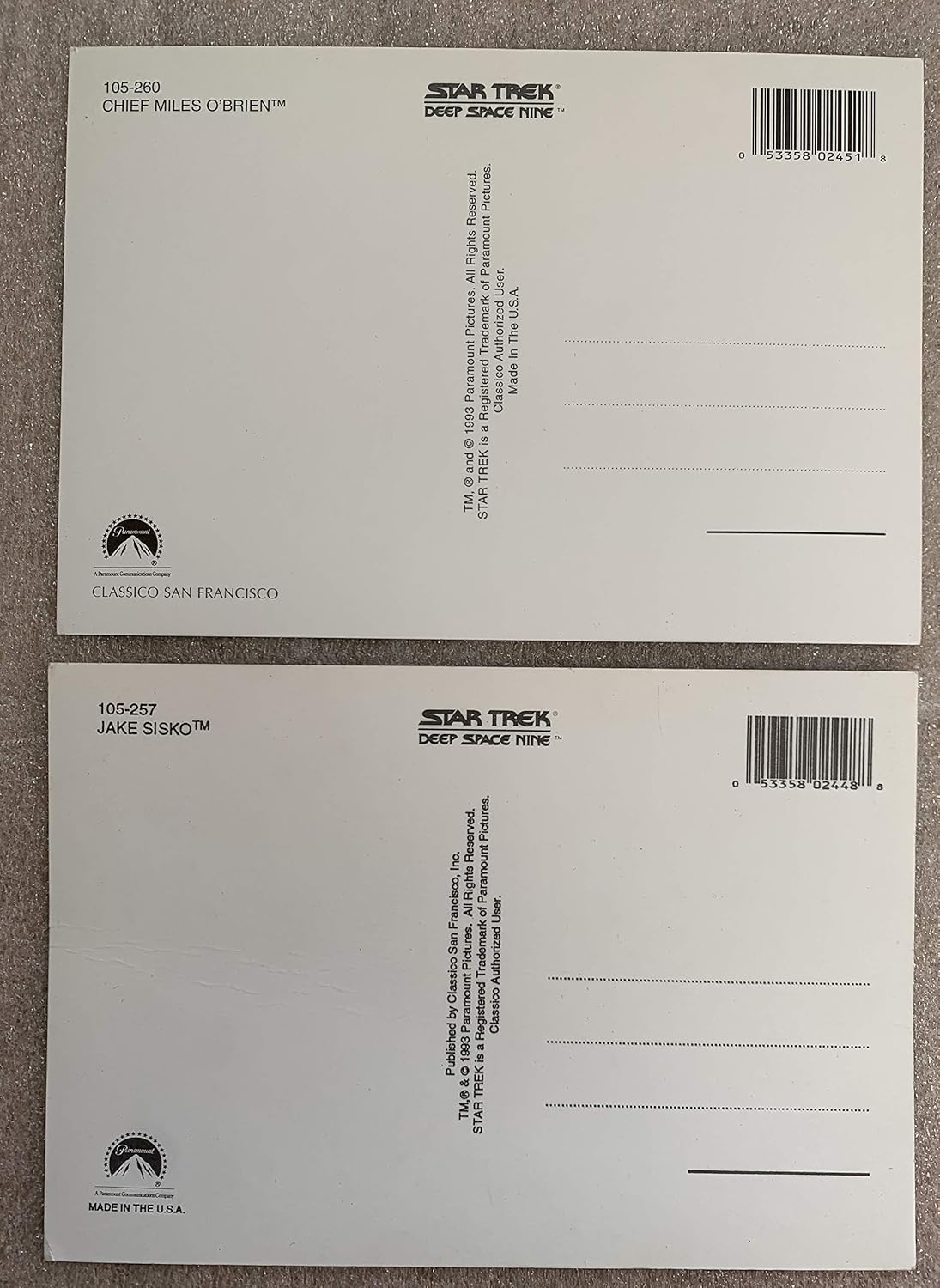 Vintage Star Trek Deep Space Nine 1993 Set Of 2 x Individual Postcards Featuring Chief Miles O'Brian And Jake Sisko By Classico San Francisco - Unsold Shop Stock