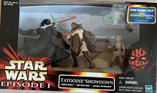 Vintage 1999 Star Wars Episode 1 The Phantom Menace Tatooine Showdown Action Figure Set - With Comm Tech Talk Chip - Brand New Factory Sealed Shop Stock Room Find