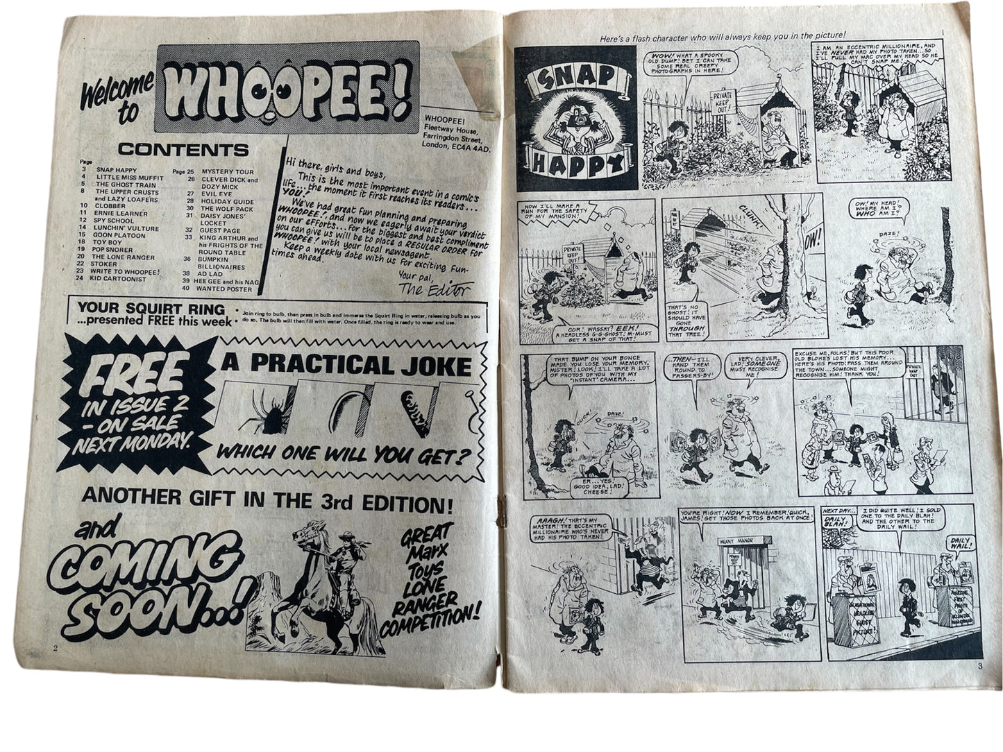 Vintage Rare Whoopee Weekly Comic Magazine Issue No. 1 Comic Every Monday 9th March 1974 With Free Gift - Super Squirt Ring - Former Shop Stock