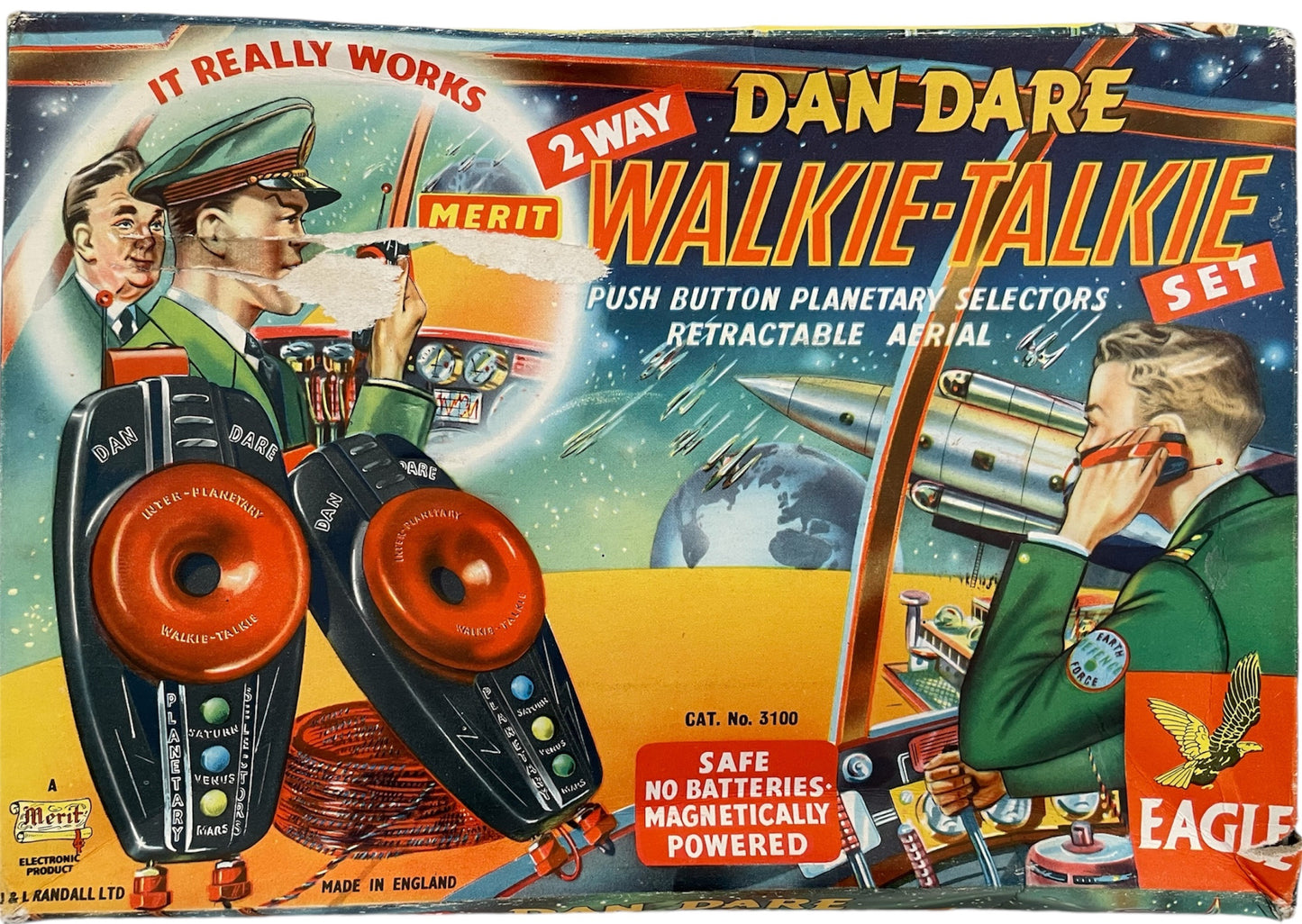 Vintage Merit Ultra Rare 1950's Dan Dare - 2 Way Walkie Talkie Set By J & L Randall Ltd - Cat No. 3100 - Complete In The Original Box