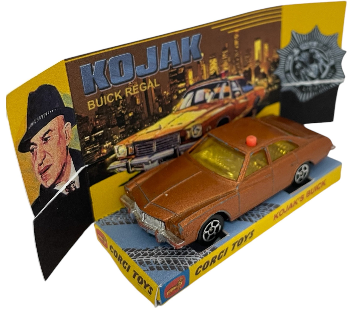 Vintage 1978 Corgi Juniors Kojak's Buick Regal Bronze Diecast Model Car In A High Quality Reproduction Box With Display Plinth