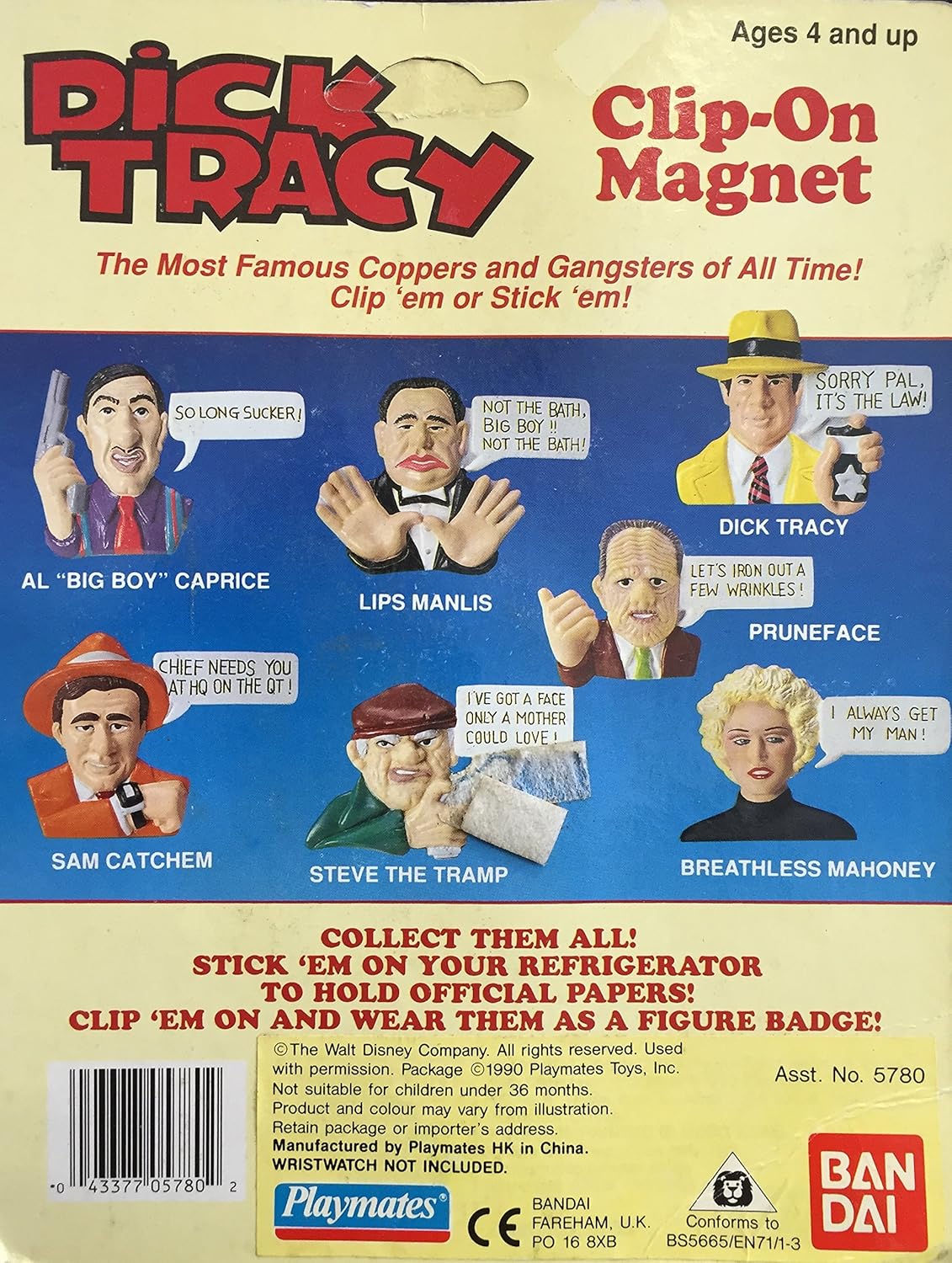 Vintage 1990 Dick Tracy Coppers And Gangsters Clip On Magnet Pruneface Playmates - New On Card - Ex Shop Stock