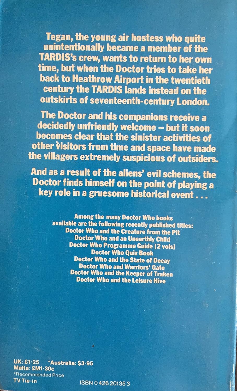 Vintage Target 1982 Dr Doctor Who And The Visitation Paperback Book Novelization by Eric Saward