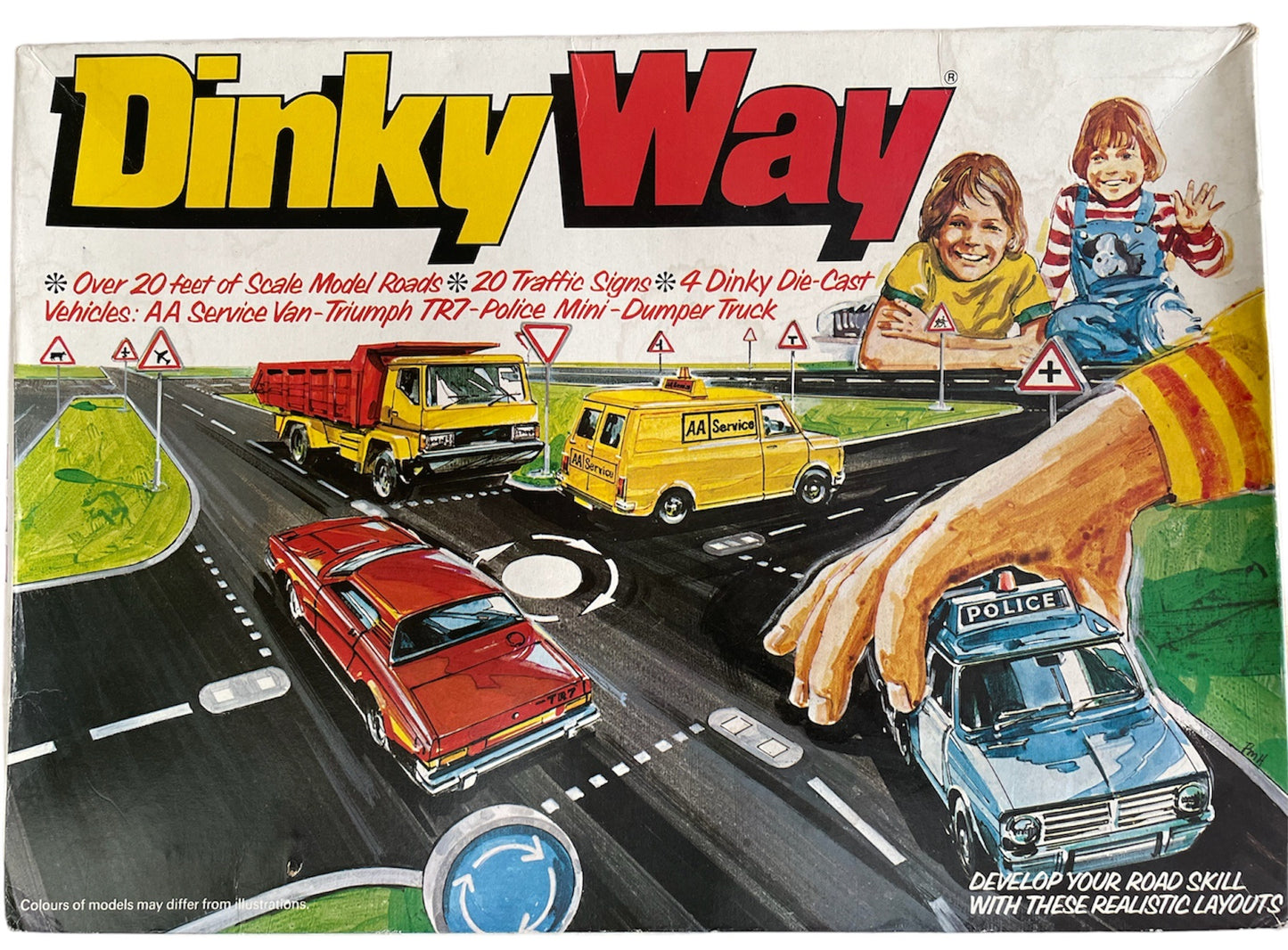 Vintage 1978 Dinky Toys Set No. 240 - Dinky Way Road System Diecast Vehicle Set - Includes Over 20 Feet Of Model Roads, 20 Traffic Signs, AA Service Van, Triumph TR7, Police Mini &amp; Dumper Truck - Mint Condition Unsold Shop Stock