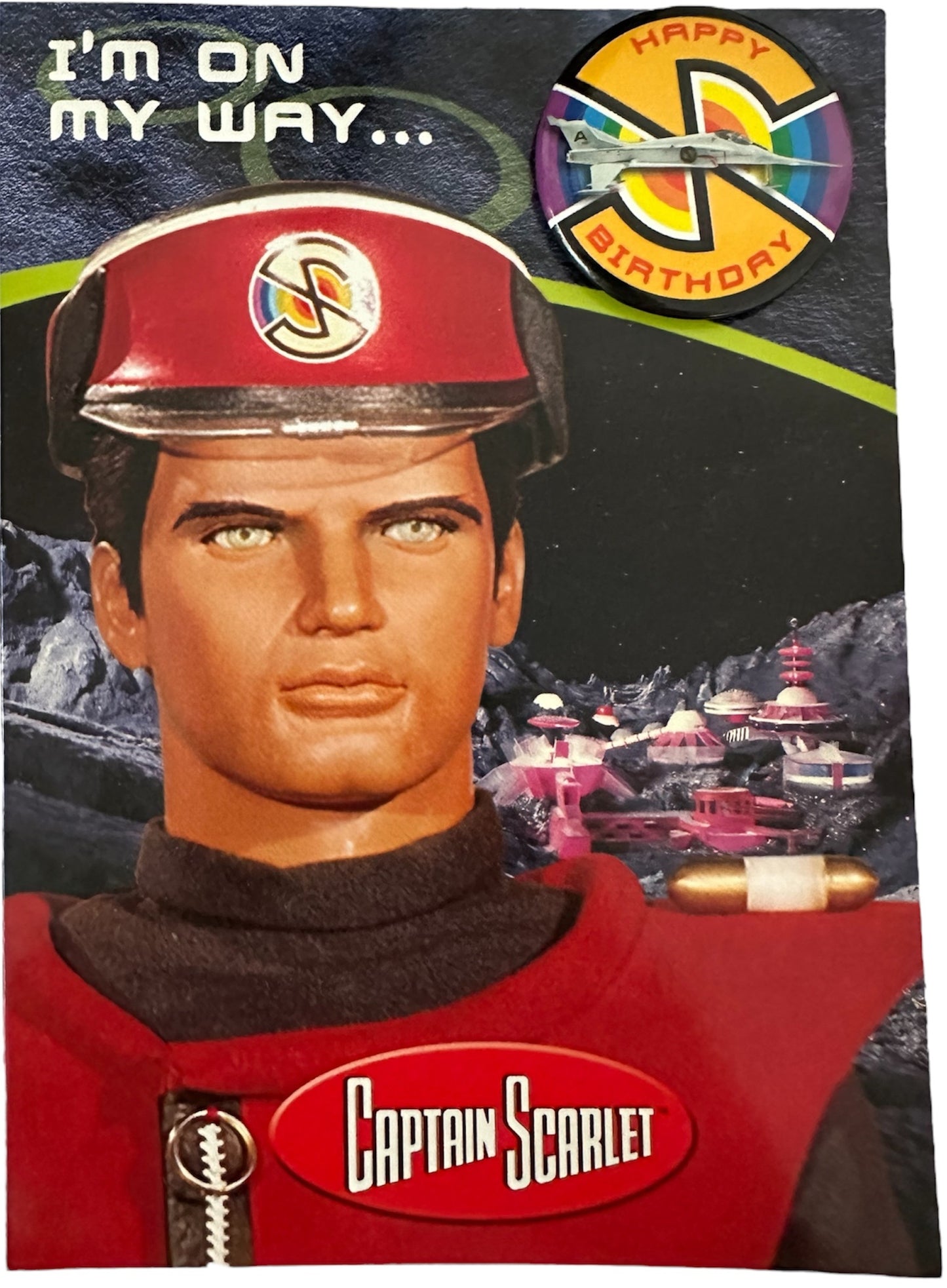 Vintage 2001 Gerry Andersons Captain Scarlet And The Mysterons I'm On My Way Birthday Card - With Badge - Former Shop Stock
