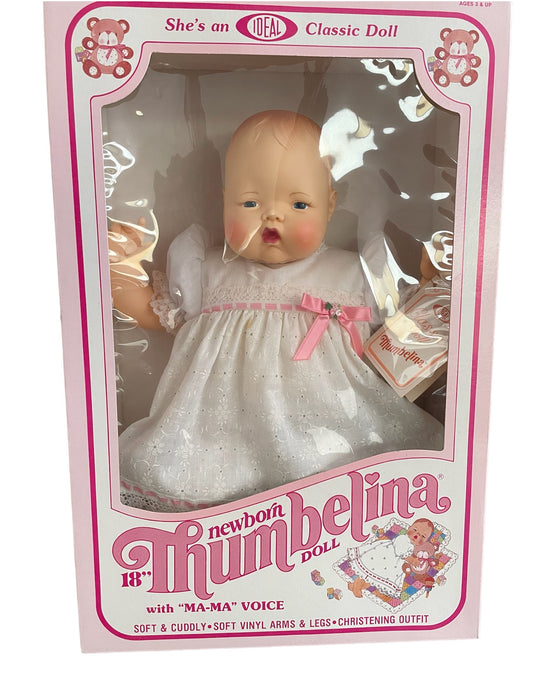 Vintage Ideal 1982 Newborn Thumbelina 18" Classic Doll In Christening Outfit With Ma-Ma Voice - New In Box - Shop Stock Room Find