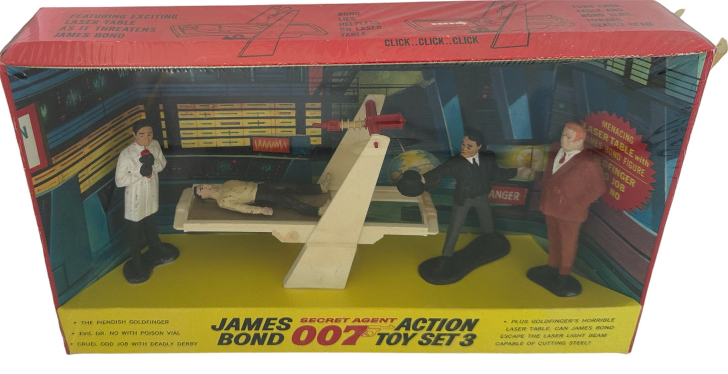Vintage AC Gilbert 1965 James Bond Secret Agent 007 Action Toy Set 3 - Includes Dr No, Odd Job, Goldfinger And James Bond On Goldfingers Laser Table - Factory Sealed Shop Stock Room Find