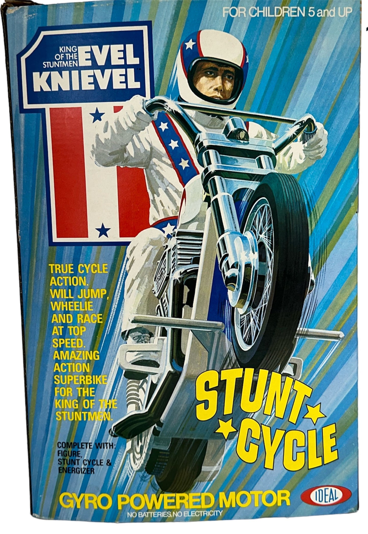 Vintage Ideal 1973 Evel Knievel King Of The Stuntmen Stunt Cycle Bike Complete With Evel Knievel Figure And Gyro Energizer - Mint In Box - Unsold Shop Stock