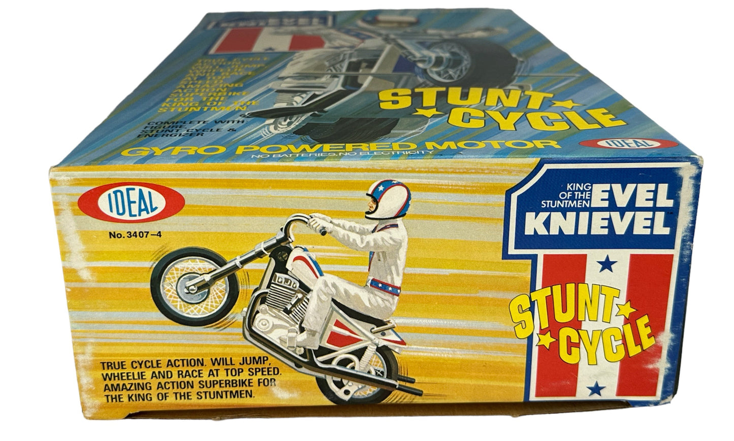 Vintage Ideal 1973 Evel Knievel King Of The Stuntmen Stunt Cycle Bike Complete With Evel Knievel Figure And Gyro Energizer - Mint In Box - Unsold Shop Stock
