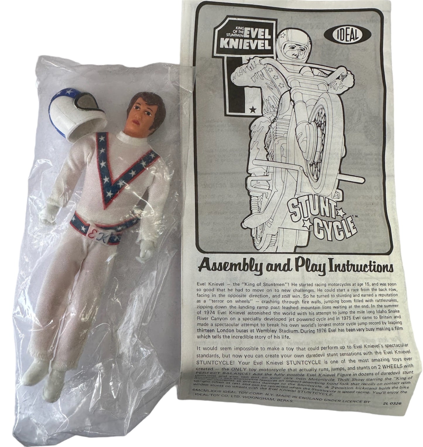 Vintage Ideal 1973 Evel Knievel King Of The Stuntmen Stunt Cycle Bike Complete With Evel Knievel Figure And Gyro Energizer - Mint In Box - Unsold Shop Stock