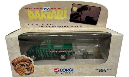 Vintage 1998 Corgi Classic's Daktari Die Cast Model Wameru Sub District Land Rover with Clarence and Judy Hand Painted White Metal Figures - Brand New Factory Sealed Shop Stock Room Find