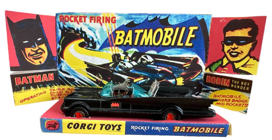 Vintage Corgi 1966 First Release Rocket Firing Batmobile Diecast Replica Vehicle With Mini Figures Number 267 - Boxed With Display Plinth