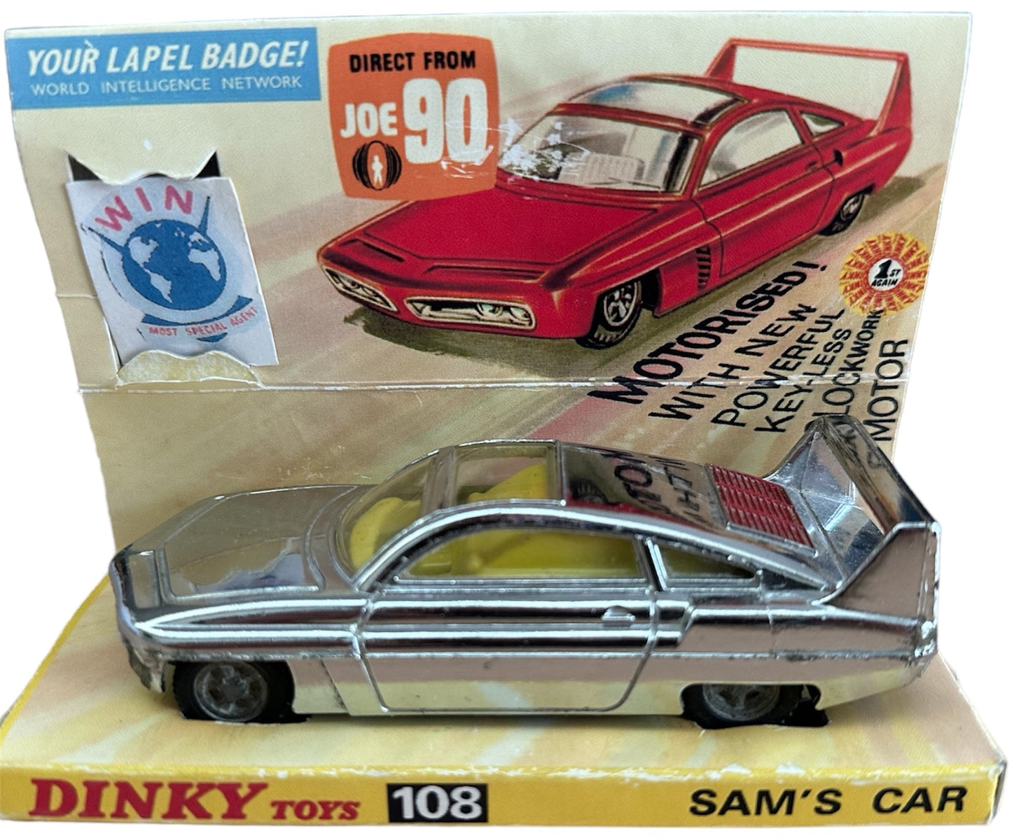 Vintage 1967 Gerry Andersons Joe 90 Dinky Toys Number 108 Sam Loover Sam's Car Diecast Replica Vehicle With Pull Back And Go Action - With Reproduction Display Plinth & Box