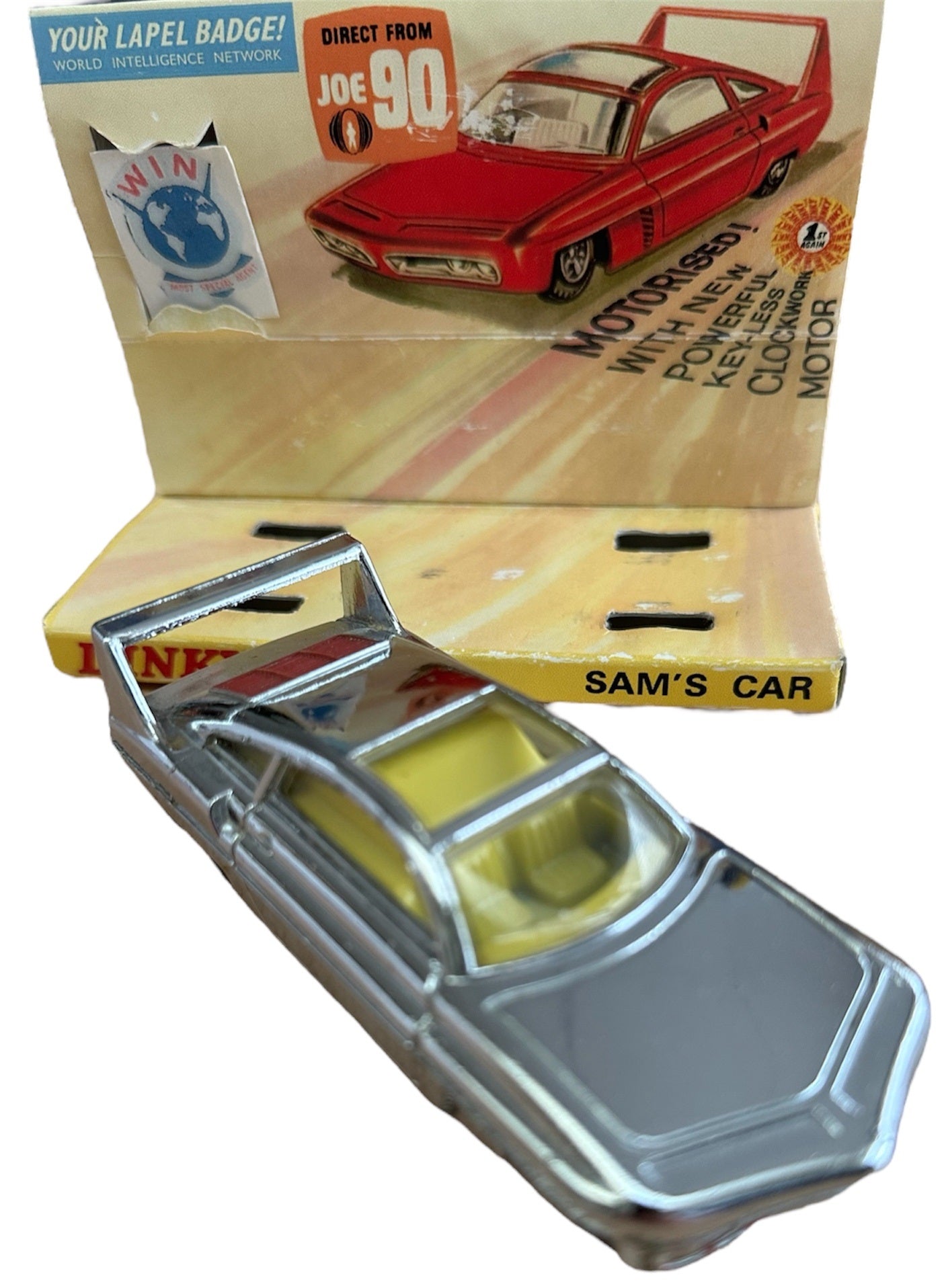 Vintage 1967 Gerry Andersons Joe 90 Dinky Toys Number 108 Sam Loover Sam's Car Diecast Replica Vehicle With Pull Back And Go Action - With Reproduction Display Plinth & Box