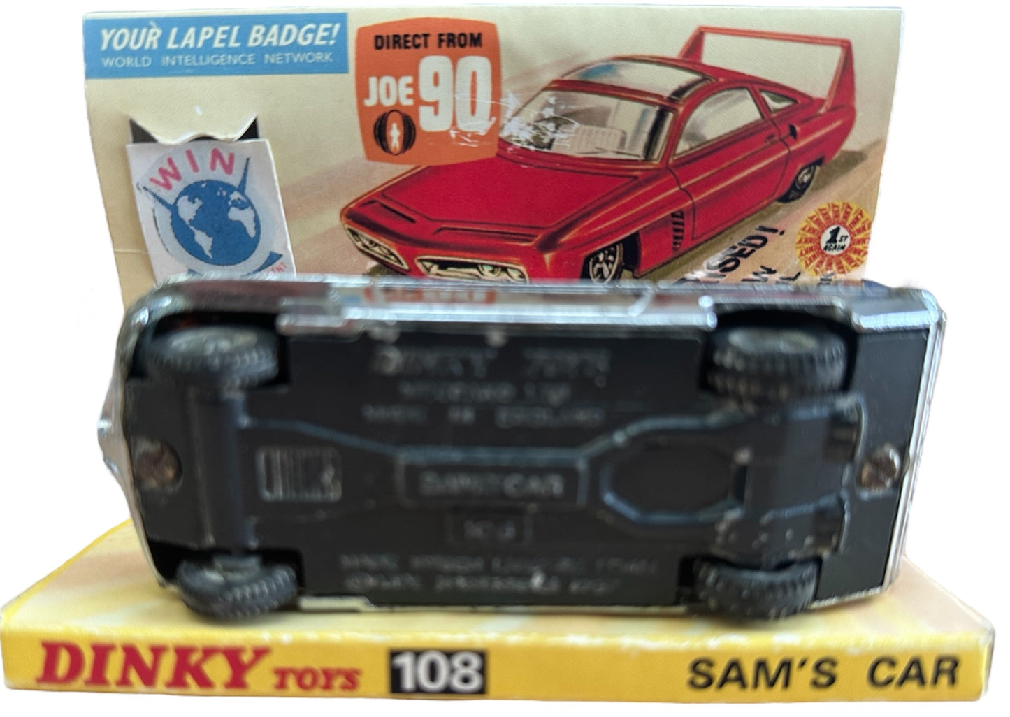 Vintage 1967 Gerry Andersons Joe 90 Dinky Toys Number 108 Sam Loover Sam's Car Diecast Replica Vehicle With Pull Back And Go Action - With Reproduction Display Plinth & Box
