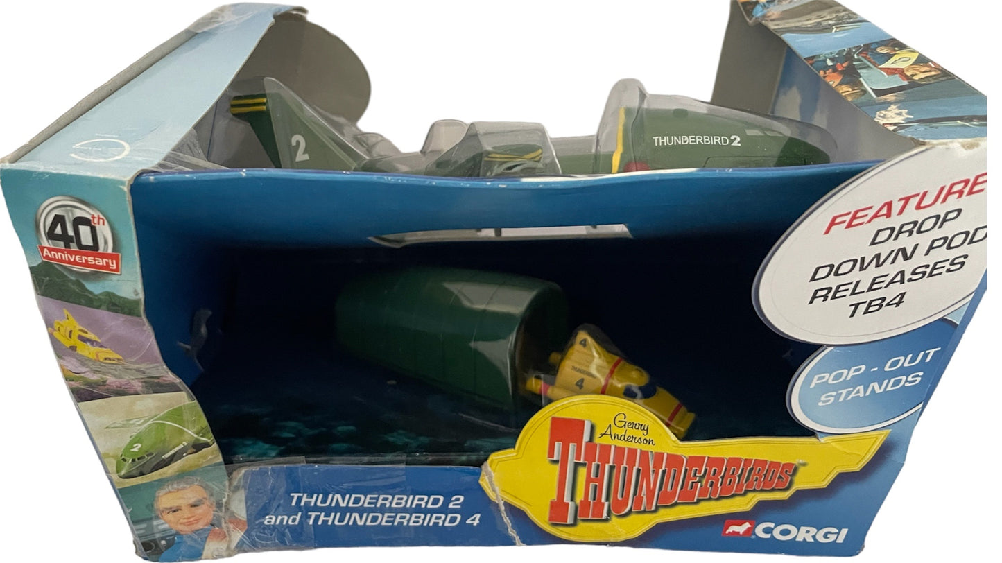 Vintage Corgi 2005 Gerry Andersons Thunderbirds 40th Anniversary DieCast Vehicle Set - Thunderbird 2 With Thunderbird 4 - Factory Sealed Shop Stock Room Find.