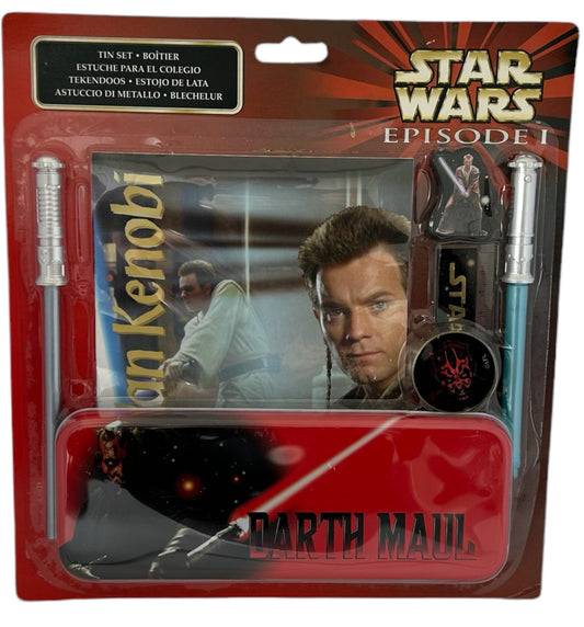 Vintage Qstat 1999 Star Wars Episode 1 Stationery Tin Set - Includes Pencil Tin, Pencil, Eraser, A5 Work Book, Ballpen, Ruler &amp; Sharpener - Brand New Factory Sealed Shop Stock Room Find