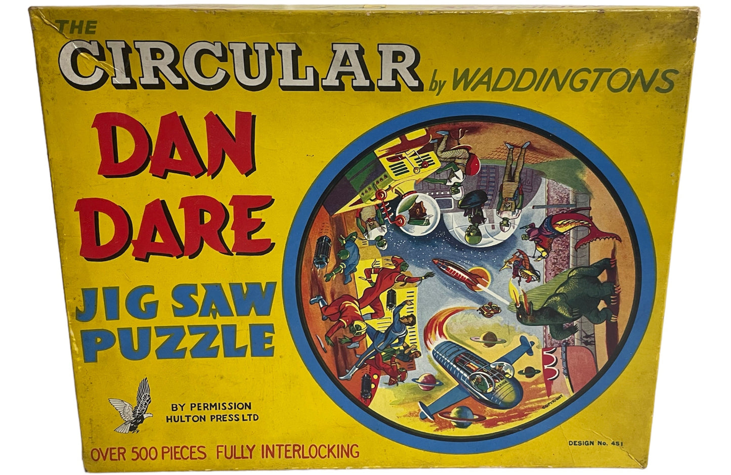 Vintage Waddingtons 1950's The Eagles Dan Dare The Circular Jigsaw Puzzle 500 Pieces - A Montage Of Dan Dares Adventures - Fantastic Condition -100% Complete - In The Original Box